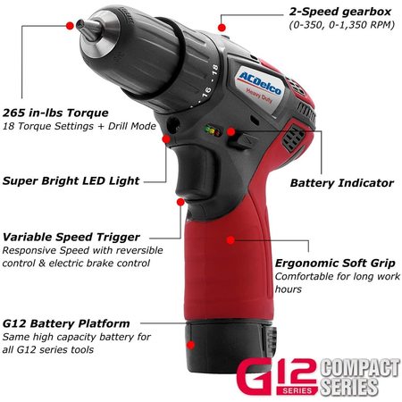 Acdelco G12 K6 2-Tool Combo 3" Polisher+ 3/8"Drill Driver, 2-battery ARS1212-K6